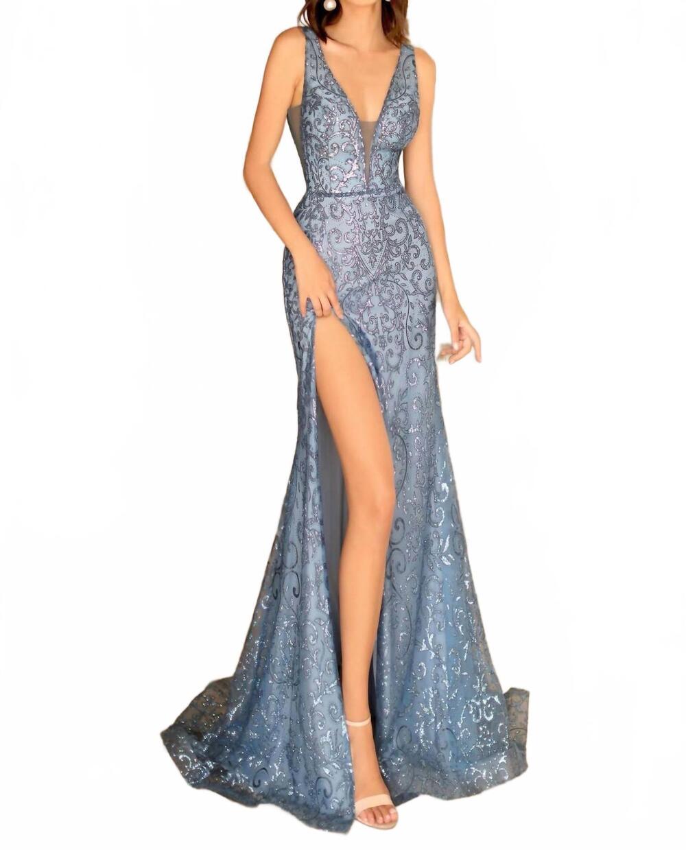 NEW CLARISSE long sparkling fitted dress in dusty blue